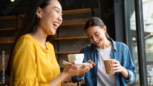 Two friends laughing together at a coffee shop enjoying coffee and good company