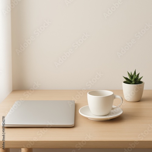 Wallpaper Mural A minimalist workspace featuring a sleek laptop, white mug, and succulent on a wooden table Torontodigital.ca