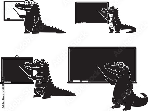 Cartoon alligator teacher writing on blackboard silhouette
