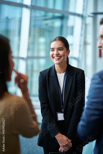 Professional woman smiling at business conference networking event meeting people