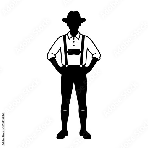 Man in traditional Bavarian outfit standing with hands on hips  