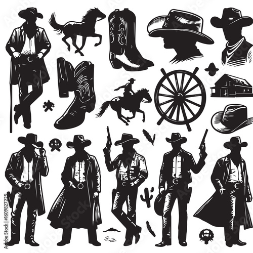 
Silhouette of a Cowboy on Horseback at Sunset

Western Cowboy Silhouette Against Dramatic Sky

Cowboy Riding Horse – Vintage Wild West Silhouette

Lone Cowboy Silhouette with Hat and Lasso

