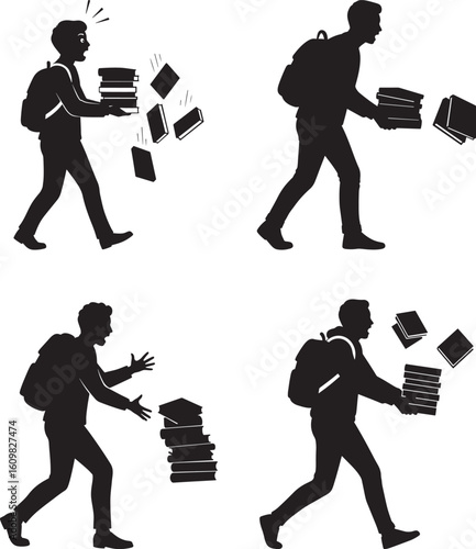 Student dropping books in motion silhouette