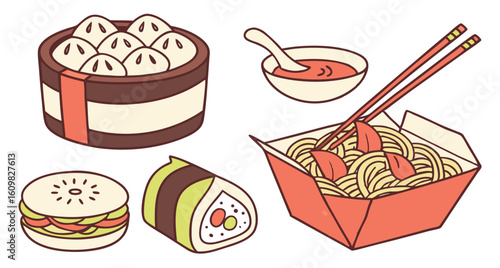 Asian Cuisine Illustration: Steamed Buns, Noodles, Sushi, and Dipping Sauce in a Cheerful, Line Art Style.