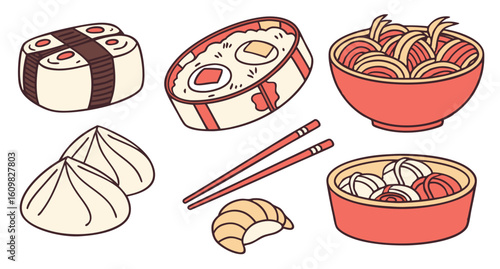 Hand-drawn Asian Cuisine Illustration: Noodles, Sushi, Dumplings, and Rice in a cheerful, appetizing style.