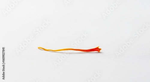 A single strand of saffron, transitioning from yellow to orange to red, isolated on a clean white background.