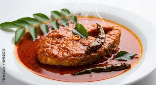 A close-up of a plate featuring a large piece of fish curry, garnished with curry leaves and dried chilies, steaming hot.