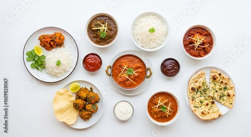 Aromatic Indian feast: curries, rice, naan, and various side dishes arranged on a white background.