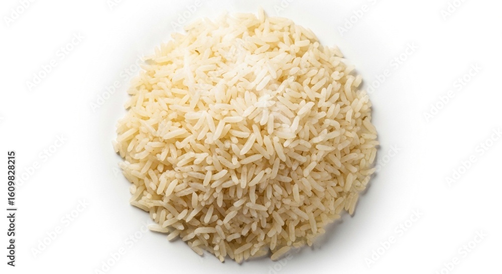 A perfectly cooked mound of fluffy white basmati rice, presented in a close-up overhead view against a clean white background. A perfectly cooked mound of fluffy white basmati rice, presented in a close-up overhead view against a clean white background.