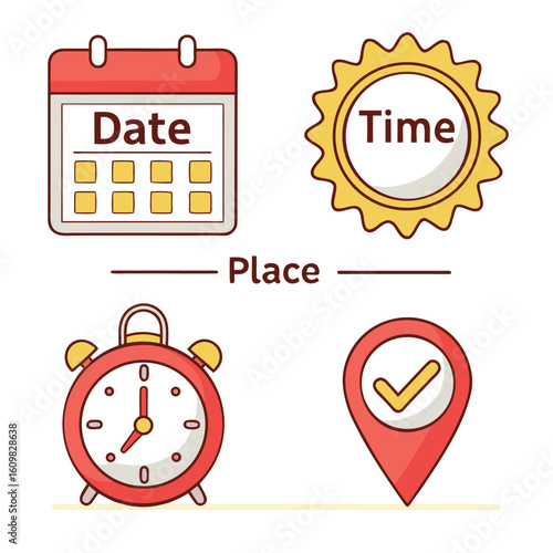Isolated calendar, time, alarm clock, and place pin icons represent scheduling with transparent background