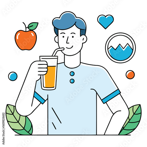 A healthy young man enjoys a refreshing glass of orange juice surrounded by symbols of nature and well being