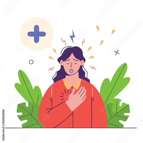 Woman experiencing chest pain and distress with a medical symbol indicating a need for healthcare assistance