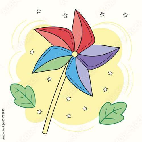 Playful pinwheel with multiple color vanes stands amidst stars and leaves, a happy scene