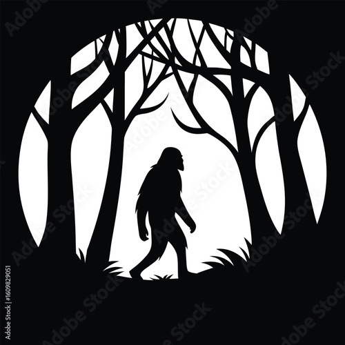 Silhouette depicts Bigfoot strolling through bare trees within an abstract circular frame, transparent