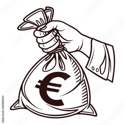 Suited hand firmly holds a bag displaying the Euro symbol in brown lines