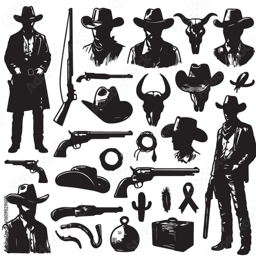 
Silhouette of a Cowboy on Horseback at Sunset

Western Cowboy Silhouette Against Dramatic Sky

Cowboy Riding Horse – Vintage Wild West Silhouette

Lone Cowboy Silhouette with Hat and Lasso

