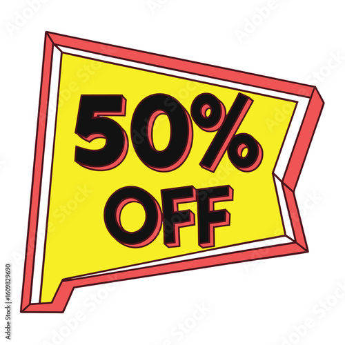 Yellow angled banner showcases a bold fifty percent off announcement with transparent background
