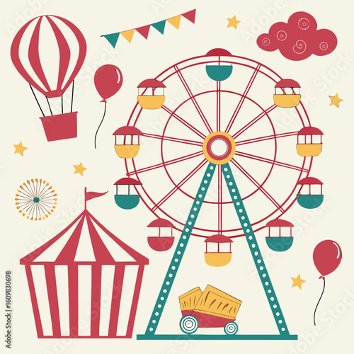 Festive carnival ferris wheel seamless pattern design with vibrant colors and classic typography for celebratory occasions