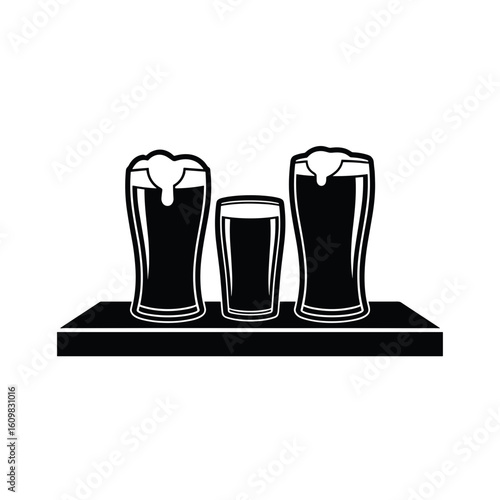 Three beer glasses set on wooden board representing beer types and vessels  