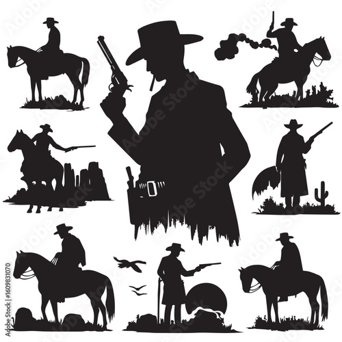 
Silhouette of a Cowboy on Horseback at Sunset

Western Cowboy Silhouette Against Dramatic Sky

Cowboy Riding Horse – Vintage Wild West Silhouette

Lone Cowboy Silhouette with Hat and Lasso

