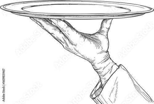 A hand holding a round tray in a black and white illustration with detailed lines and shading effects
