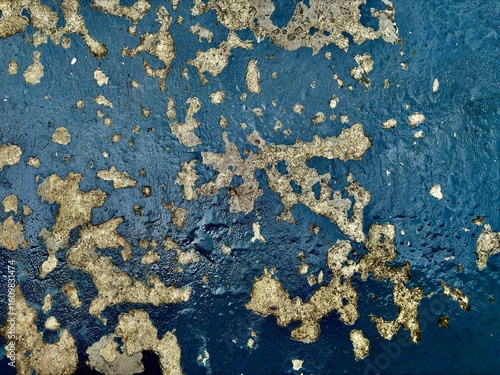 Weathered peeling paint on metal surface, abstract grunge texture in navy blue and tan tones ideal for backgrounds and design overlays.