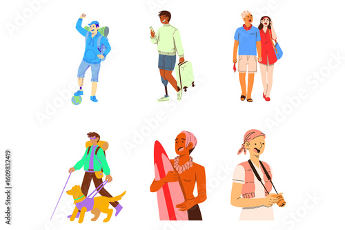 Diverse Travelers: Joyful, Inclusive Vector Illustration of Adventurous Individuals Exploring the World.