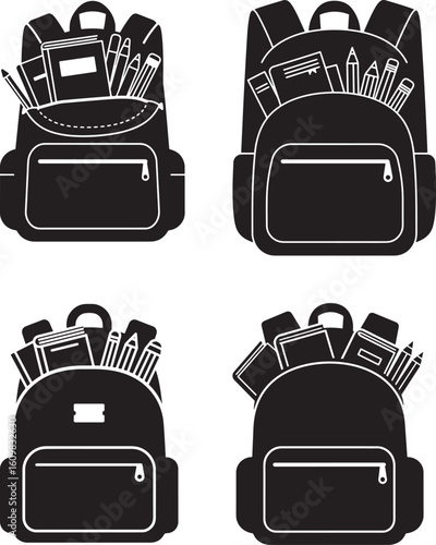 Four black backpacks filled with school supplies silhouette