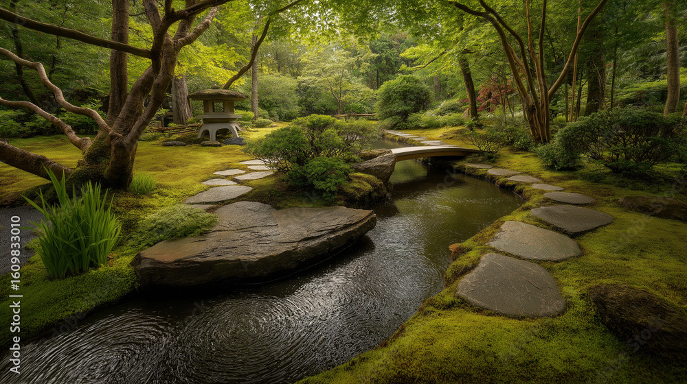 Obraz premium High-resolution cinematic photo of a serene Japanese garden with cherry blossom trees, a wooden bridge over a pond, moss-covered stones, and a traditional stone lantern in soft morning light