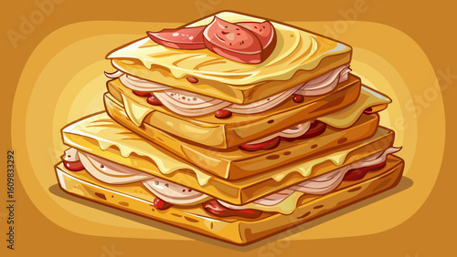 very Beautiful Stack of appetising puff pastry toasts with cheese and ham. beige background