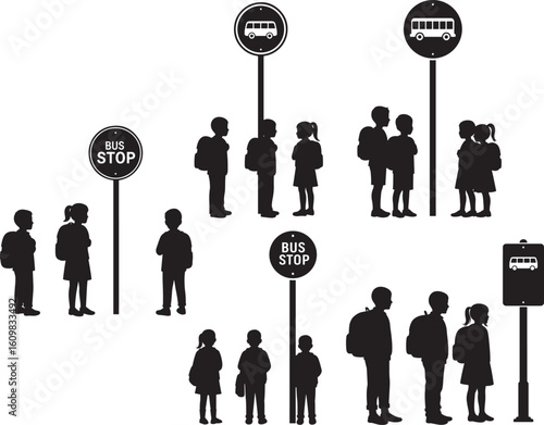 Children and adults waiting at bus stops silhouette