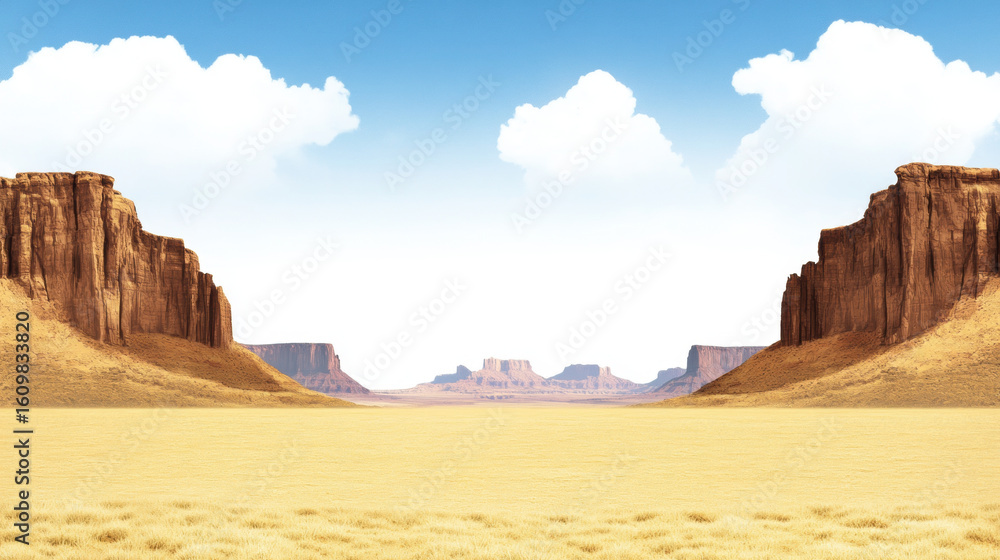 Vast desert landscape with golden grass stretches between two towering red rock formations under bright blue sky with scattered white clouds, evoking cinematic and serene atmosphere Vast desert landscape with golden grass stretches between two towering red rock formations under bright blue sky with scattered white clouds, evoking cinematic and serene atmosphere