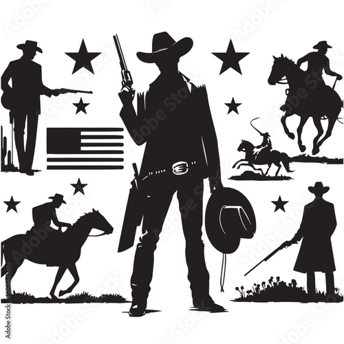 
Silhouette of a Cowboy on Horseback at Sunset

Western Cowboy Silhouette Against Dramatic Sky

Cowboy Riding Horse – Vintage Wild West Silhouette

Lone Cowboy Silhouette with Hat and Lasso

