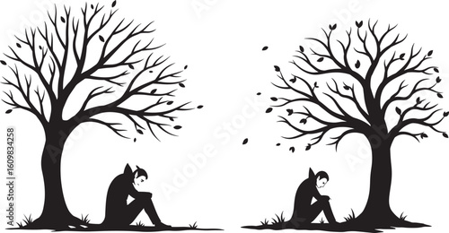 Two sad figures under bare trees silhouette