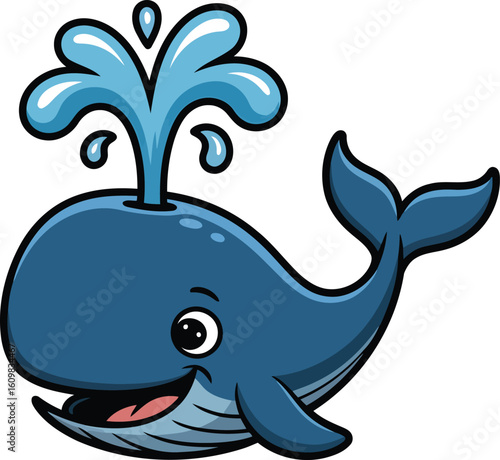 Happy Whale Spouting Water Cartoon Illustration on Transparent Background Design