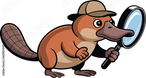 Platypus Detective with Magnifying Glass Cartoon Illustration on Transparent Backdrop