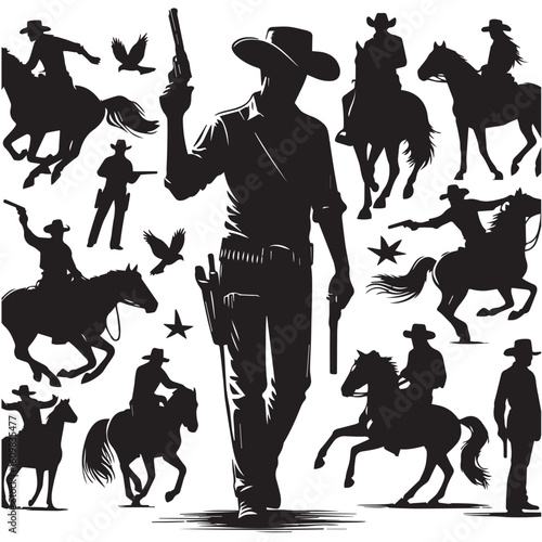 
Silhouette of a Cowboy on Horseback at Sunset

Western Cowboy Silhouette Against Dramatic Sky

Cowboy Riding Horse – Vintage Wild West Silhouette

Lone Cowboy Silhouette with Hat and Lasso

