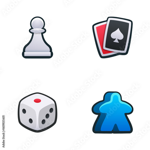 Board games stuff icon set. Isolated vector illustration of mobile game sprites. Design for stickers, logo, mobile app. Arcade or match 3 2d graphics game asset. Flat 3d item sprites sheet.