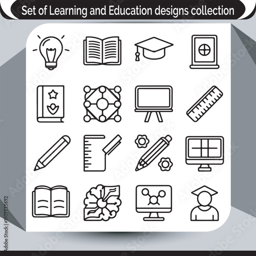 Learning and Education Designs Collection Represented by a Set of Simple Black and White Iconography for School