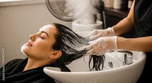 Woman receiving a luxurious hair treatment with steam in a salon