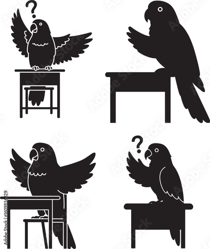 Four parrot silhouettes pondering at desks silhouette