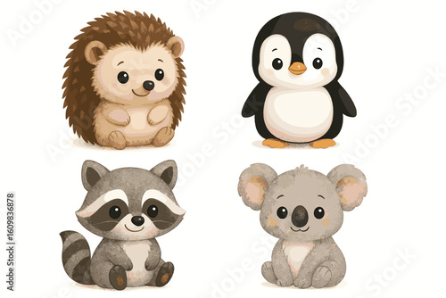 Cute cartoon animals: hedgehog, penguin, raccoon, koala in adorable poses