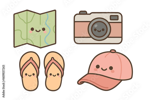 Cute travel icons: map, camera, flip-flops, and cap with smiling faces
