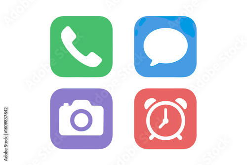 Colorful communication and utility icons with phone, message, camera, and alarm symbols