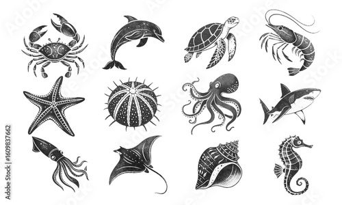 Halftone marine life set with sea creatures and nautical elements including crab, starfish, turtle, anchor and more in vintage style