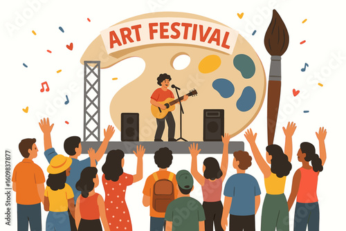 Young hispanic male musician performing at art festival with enthusiastic crowd