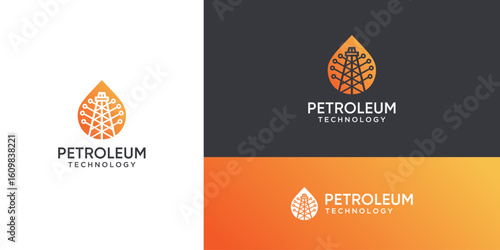 Vector oil drilling rig with dot connection logo design icon inspiration. Technology and petroleum industry template.