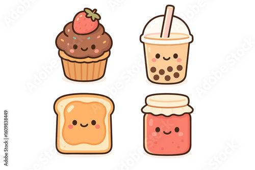 Cute kawaii food characters: cupcake, bubble tea, toast, jam