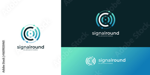 vector combined swirl rotation signal circuit connection with letter C logo design inspiration.  