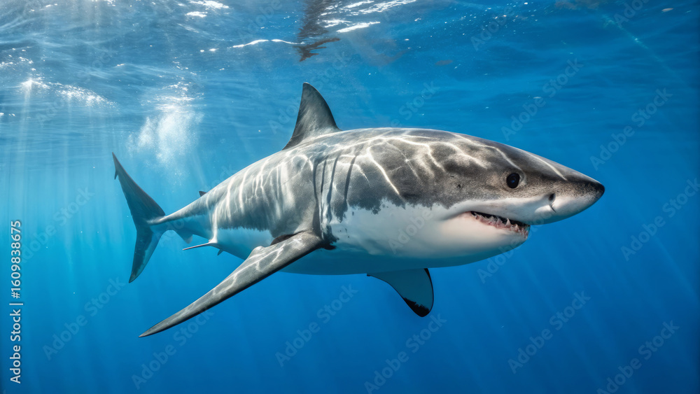 Fototapeta premium Great White Shark Underwater: Majestic Predator in Ocean Habitat